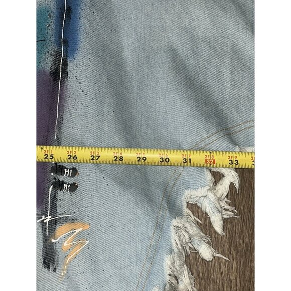 Denim Fringed Jacket XL Southwestern Painted Cotton Open Front Whimsiegoth Hip - Picture 12 of 13